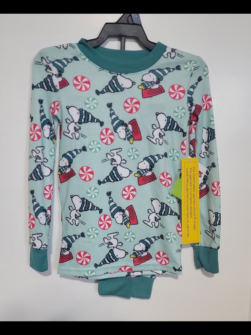 Peanuts Mint Green Snoopy Holiday Pajama Set with Red Peppermint Accents